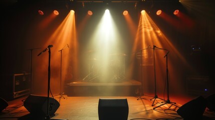 A cozy scene of warm stage lights focused on an unoccupied concert stage with musical instruments
