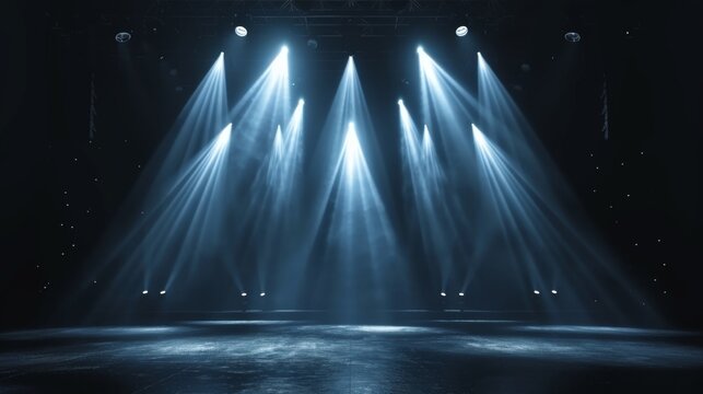 This image captures pure white spotlight beams piercing through mist on an empty stage, creating a sense of anticipation