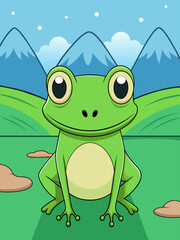 Naklejka premium A lush green landscape with a vibrant frog sitting on a leaf.