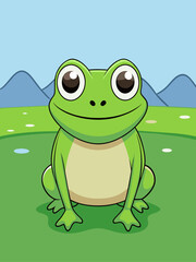 Fototapeta premium Cute frog on a lily pad in a pond, surrounded by lush green leaves and flowers.