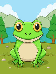 A vibrant vector landscape background featuring a lush green meadow with a happy frog.
