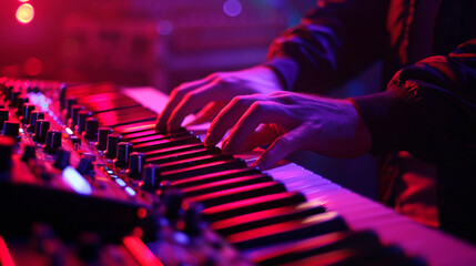 hands of musician playing piano in studio, close