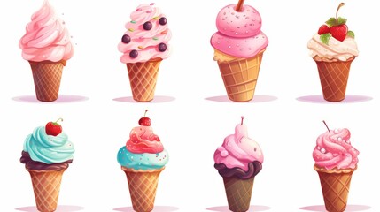 A delightful illustration of eight different flavored ice creams with various fruity toppings, in a whimsical style