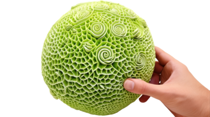 A person delicately holds a vibrant green object in their hand, creating a captivating scene