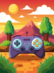 A video game controller sits on a landscape backdrop with vibrant colors and a sunset gradient.