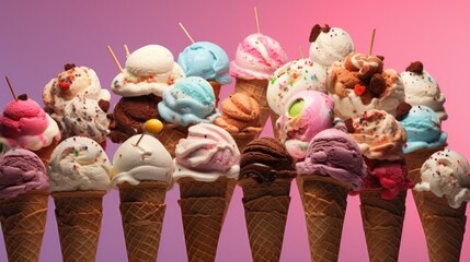 Fototapeta premium Rainbow selection of ice creams adorned with toppings on cone waffles with a vibrant pink background