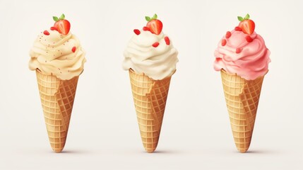 A trio of delicious whipped strawberry ice creams topped with fresh strawberries on a clean background