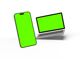 Obraz na płótnie Canvas 3D Render of laptop and phone with green screen on a light background