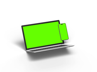 3D Render of laptop and phone with green screen on a light background