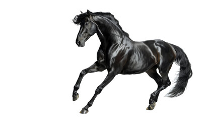 A beautiful black horse moves gracefully forward, isolated on a white background
