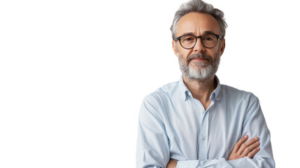 A man with grey hair and glasses stands confidently, his arms crossed, exuding wisdom and experience - obrazy, fototapety, plakaty
