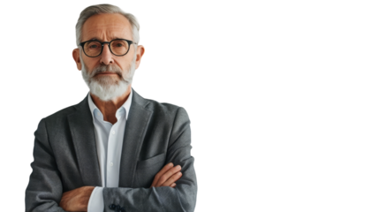 A contemplative man with a beard and glasses stands confidently with his arms crossed