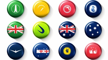 An arrangement of round buttons each bearing different national symbols including flags and iconic national imagery