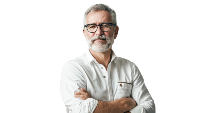 A man with glasses and a white shirt looking contemplative - Powered by Adobe