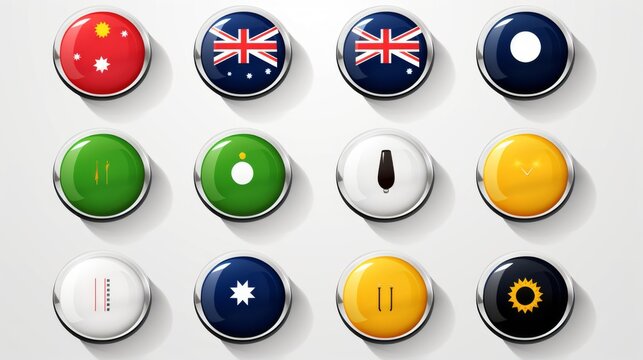 An assortment of buttons sporting national flags along with different graphic symbols ranging from technological to natural