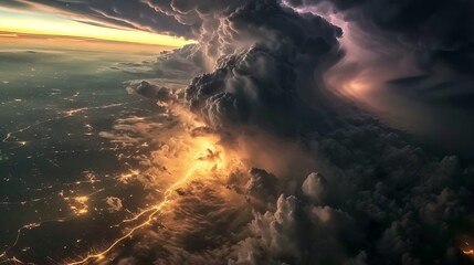 An aerial view captures the epic clash of storm clouds and city lights, revealing the interplay between nature and urban environment - obrazy, fototapety, plakaty