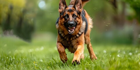 German Shepherd on the move, vigilantly patrolling a grassy field as the epitome of a diligent working dog. Concept Animals, Dogs, Work Ethic, Vigilant, German Shepherd - Powered by Adobe