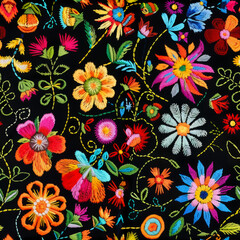 Colorful Flowers Embroidered Decorative Textile Seamless Pattern - obrazy, fototapety, plakaty