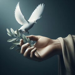 white dove of peace in the hands of a child