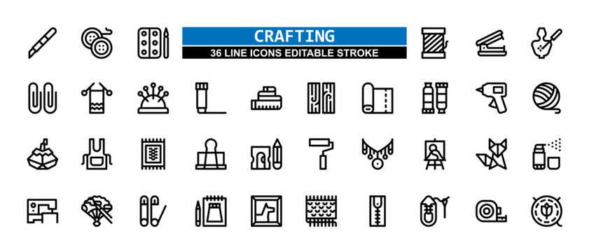 36 Crafting Line Icons Set Pack Editable Stroke Vector Illustration.