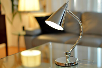 A sleek, chrome desk lamp with a conical shade, illuminating a contemporary glass table in a softly lit room. - obrazy, fototapety, plakaty