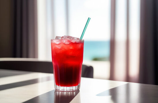 Glass of Sleepy Girl Mocktail, against the backdrop of an open curtain and soft light on blurred background. Drink made from cherry juice, magnesium powder and non-alcoholic soda