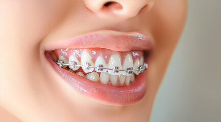 Girl smiling with perfect teeth with braces, teeth alignment perfect smile, dentist