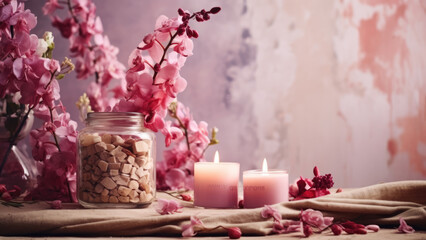 An incredible atmosphere, cherrys blossom and aromatic candles on a gentle background of pastel...