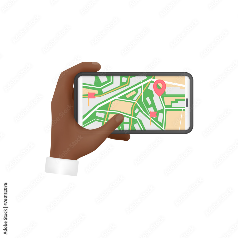 Poster 3d hands of man touch with finger mobile application with city map on smartphone screen vector illus