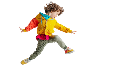 A young boy jumps joyfully in the air