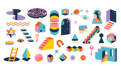 Surreal, Abstract, psychedelic collection of shapes, elements. Modern, geometrical trendy elements and symbols for advertising, t-shirt design, stickers and any posters. Contemporary art background © Marina Zlochin