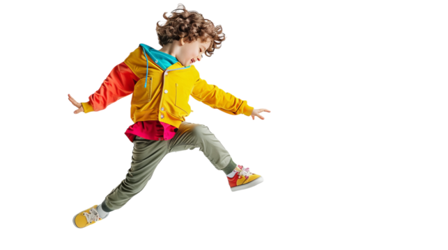 A young boy jumps joyfully in the air