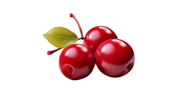 Three ripe cherries with vibrant leaves elegantly arranged on a pristine white background