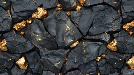 Black slate with golden nuggets, seamless texture