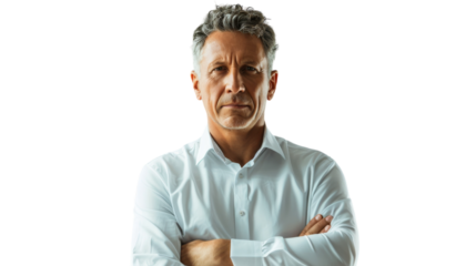 Man in white shirt stands confidently with arms crossed