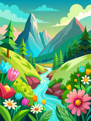 Floral vector landscape with blooming flowers, rolling hills, and a serene sky.