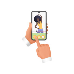 3D human hands holding phone with mobile application for sports training vector illustration