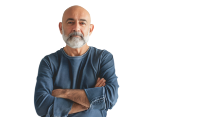 A wise man with a white beard and blue shirt stands with arms crossed