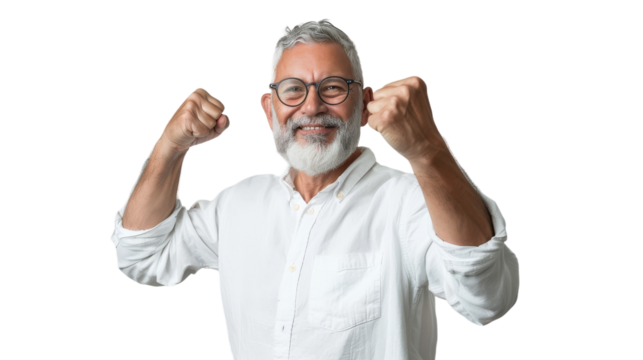 An elderly man with a white beard and glasses flexing his fists in a show of strength and determination