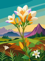 Fototapeta na wymiar Freesia vector landscape background with a blooming meadow, vibrant sky, and flying butterflies.