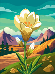 Fototapeta na wymiar Freesia vector landscape background with a blooming meadow, vibrant sky, and flying butterflies.