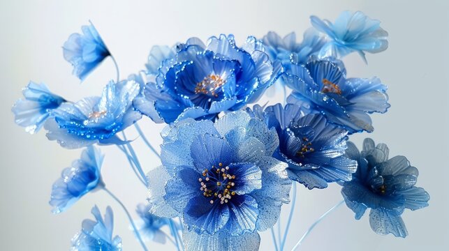 Bouquet of blue flowers handmade from glass, plastic and wire