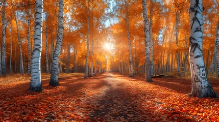 Foto op Canvas Autumn forest scenery with road of fall leaves & warm light illumining the gold foliage. Footpath in scene autumn forest nature. Generative Ai © tristan