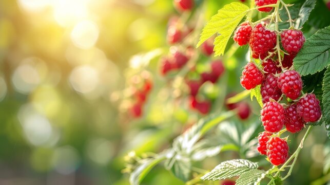 Branch of ripe raspberries in fruit garden. Red sweet berries and green leaves. Nature background