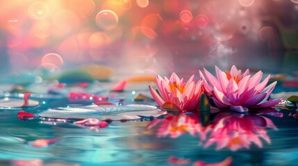Bright lily flowers in the water. Edge background. Fantastic composition