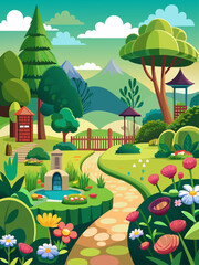 Fototapeta premium Scenic garden with lush greenery, vibrant flowers, and a serene pond creating a picturesque landscape.