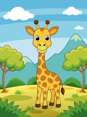 Fototapeta premium The giraffe gracefully stands tall against a breathtaking landscape backdrop, its slender form reaching towards the vast expanse of the sky.