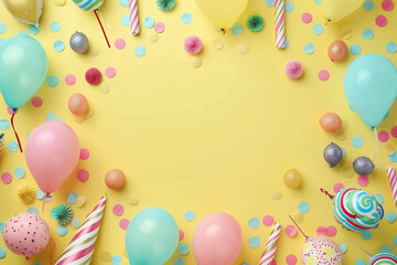 Birthday background top view. Frame of balloons and various party decorations on a pastel yellow background