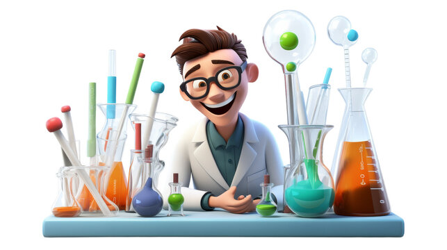 A man in a lab coat conducting experiments with various beakers in a scientific laboratory