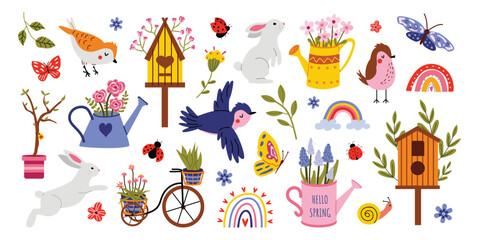 Large vector spring set. Spring season. Flowers, birds, birdhouses, watering cans, butterflies, rabbit. Collection of spring elements for scrapbooking. Hand drawn style. © Hanna Bykova